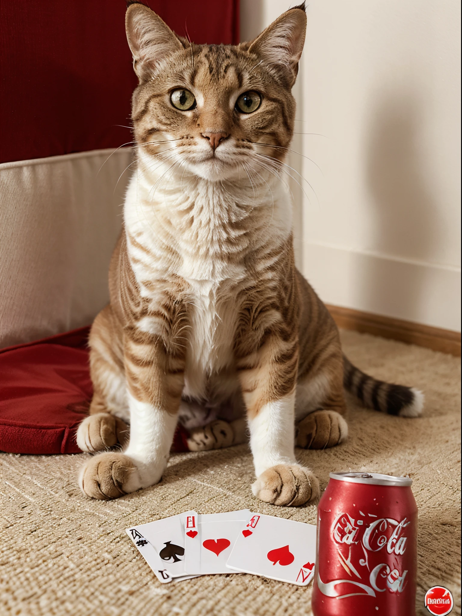 criar um gato branco, sentado numa mesa, plays cards and drinks coca cola, imagem realista