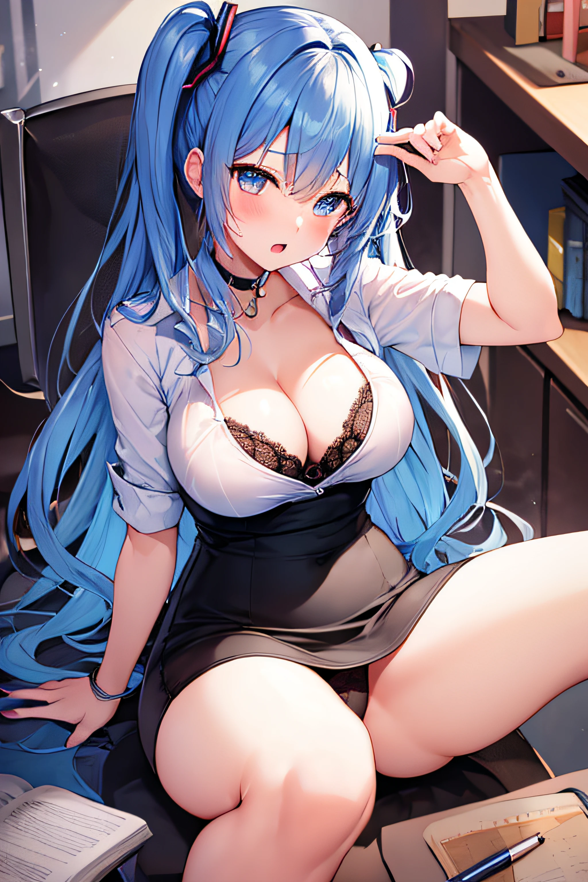 masterpiece、Top image quality、超A high resolution、NSFW、miku hatsune、blue hairs、Twin-tailed、Blushing、is in estrus、mock、Open your mouth just a little、White dress shirt with open chest、firm breasts、well-shaped breasts、pencil skirts、spread your legs wide、M-shaped spread legs、pale pink lace bra、Pale pink lace panties、sitting at office desk with legs wide apart、Office、Night