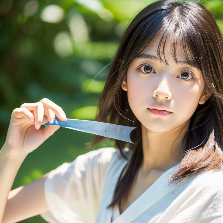 An ultra-high picture quality、Perfect Photo、japanes、japanese beauty girl、15yo student、((((profile))))、big-eyed、(((closing eye)))、Slender eyes、summer clothing、Photography Staff、Photography Studio、A dark-haired、Okabo head、Layer Hair、up looking、