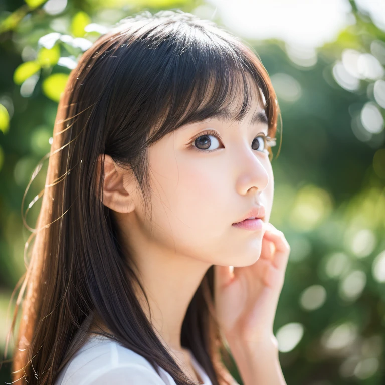 An ultra-high picture quality、Perfect Photo、japanes、japanese beauty girl、15yo student、((((profile))))、big-eyed、(((closing eye)))、Slender eyes、summer clothing、Photography Staff、Photography Studio、A dark-haired、Okabo head、Layer Hair、up looking、