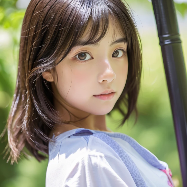An ultra-high picture quality、Perfect Photo、japanes、japanese beauty girl、、((((profile))))、big-eyed、(((closing eye)))、Slender eyes、summer clothing、Photography Staff、Photography Studio、A dark-haired、Okabo head、Layer Hair、up looking、
