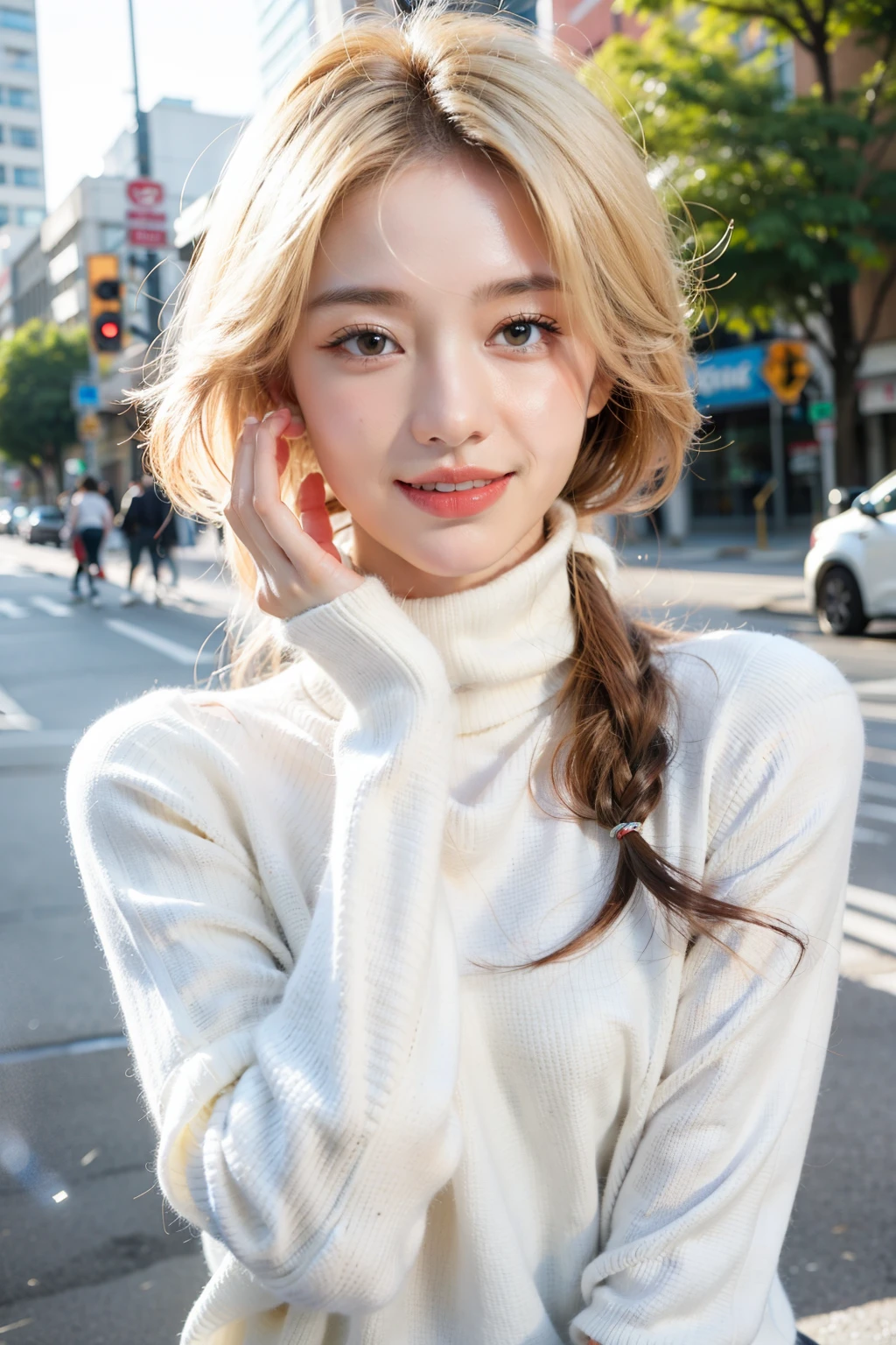 Random movement, natural city road，Wear a sweater，white coloreautifully twisted hair，Slim figure，Perfect face，Korean style jewelry，Just show your face ，HD realistic portraits，4k,Charming smile，