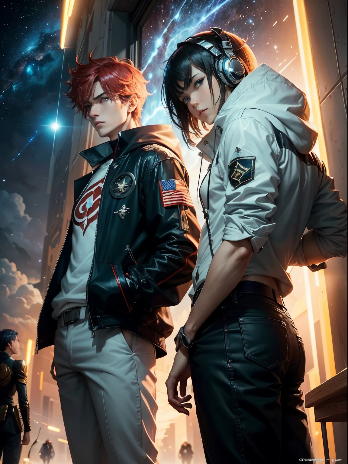 Create a captivating poster for the anime "Star Drifters: Legends of the Grand Line" that encapsulates the spirit of adventure, cosmic mystery, and intergalactic action. The poster should feature the diverse crew of the Star Drifters spaceship, set against a backdrop of mesmerizing cosmic phenomena and ancient celestial ruins. Highlight the enigmatic Captain, the hot-headed ace pilot, the brilliant navigator, and the fearless warrior, each with their own unique personality and role in the quest for the fabled Grand Line. Incorporate elements of high-speed space races, epic treasure hunts, and intense starship battles to convey the pulse-pounding excitement of the series. Utilize a dynamic color palette and striking visual effects to capture the awe-inspiring grandeur of the cosmos and the thrilling dangers that await the Star Drifters on their monumental journey. 8K分辨率、((top-quality))、((​masterpiece))、((ultra-detailliert))、1 woman、独奏、incredibly absurdness、Oversized hoodies、headphones、Street、plein air、Rain at night、neons、Shortcut Hair、Brightly colored eyes、Hands in pockets、shortpants、water dripping、red hairob Hair