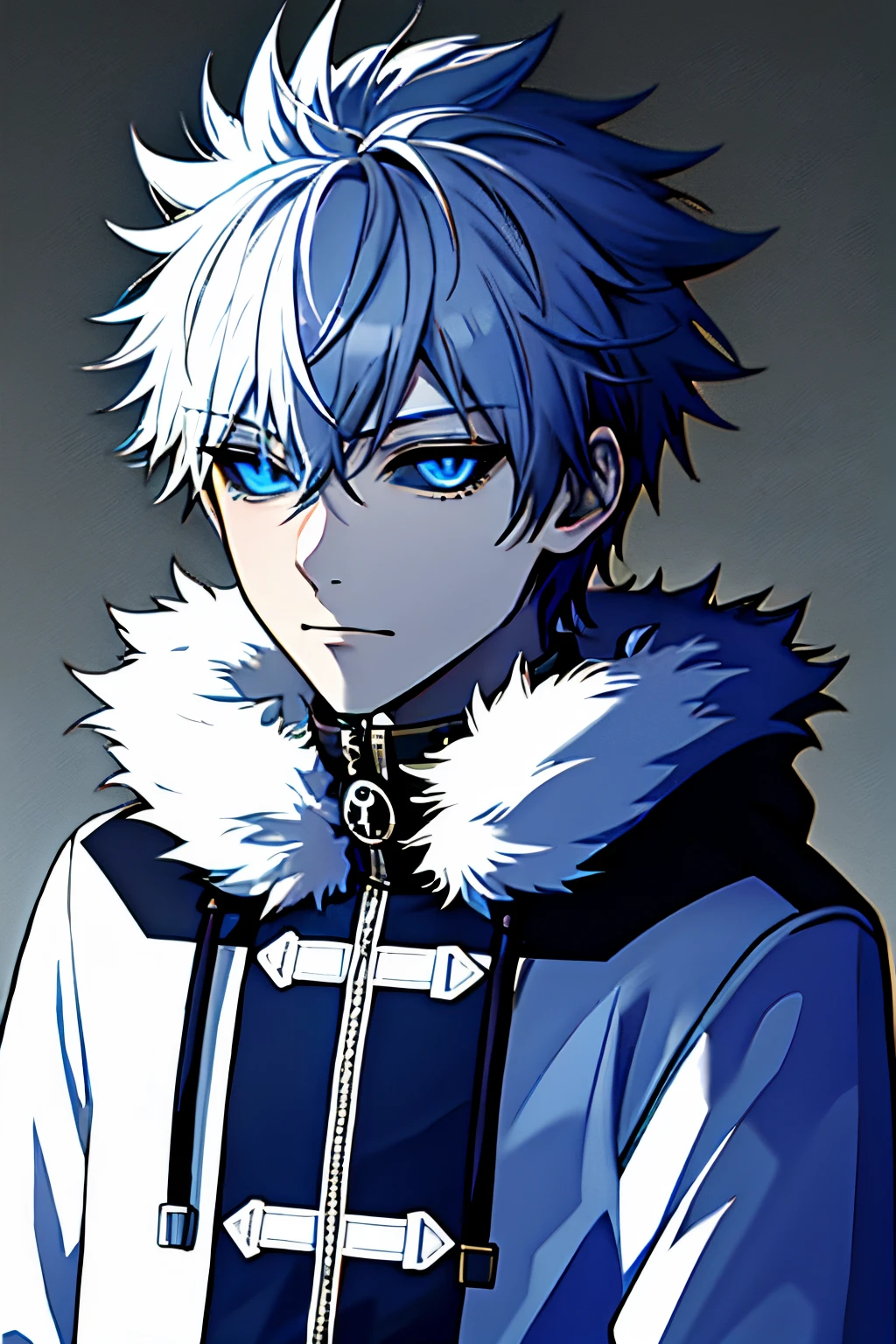 1boy, Blue eyes, Closed mouth, 鎖骨, grayscales, parka, Looking at the viewer, Male Focus, monochromes, Short hair, Smirk, Solo, spiked hair, Spot Color,