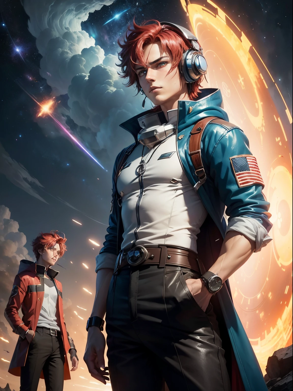 Create a captivating poster for the anime "Star Drifters: Legends of the Grand Line" that encapsulates the spirit of adventure, cosmic mystery, and intergalactic action. The poster should feature the diverse crew of the Star Drifters spaceship, set against a backdrop of mesmerizing cosmic phenomena and ancient celestial ruins. Highlight the enigmatic Captain, the hot-headed ace pilot, the brilliant navigator, and the fearless warrior, each with their own unique personality and role in the quest for the fabled Grand Line. Incorporate elements of high-speed space races, epic treasure hunts, and intense starship battles to convey the pulse-pounding excitement of the series. Utilize a dynamic color palette and striking visual effects to capture the awe-inspiring grandeur of the cosmos and the thrilling dangers that await the Star Drifters on their monumental journey. 8K分辨率、((top-quality))、((​masterpiece))、((ultra-detailliert))、1 woman、独奏、incredibly absurdness、Oversized hoodies、headphones、Street、plein air、Rain at night、neons、Shortcut Hair、Brightly colored eyes、Hands in pockets、shortpants、water dripping、red hairob Hair