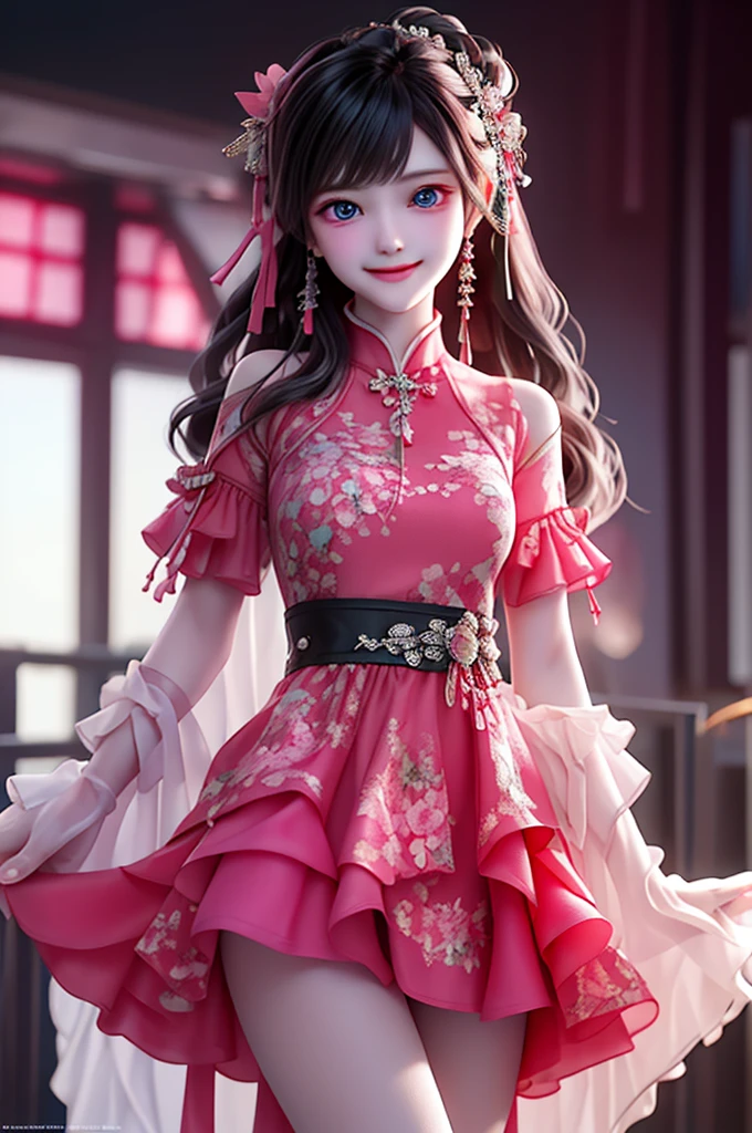 tmasterpiece,  depth of fields, gentlesoftlighting,Best quality at best, (lens flare glow:0.7), (full bloom:0.7),, The  very detailed,
a  girl , Permanent, greybackground,pink and black dress,light  smile,