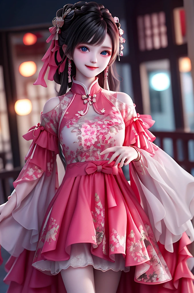 tmasterpiece,  depth of fields, gentlesoftlighting,Best quality at best, (lens flare glow:0.7), (full bloom:0.7),, The  very detailed,
a  girl , Permanent, greybackground,pink and black dress,light  smile,