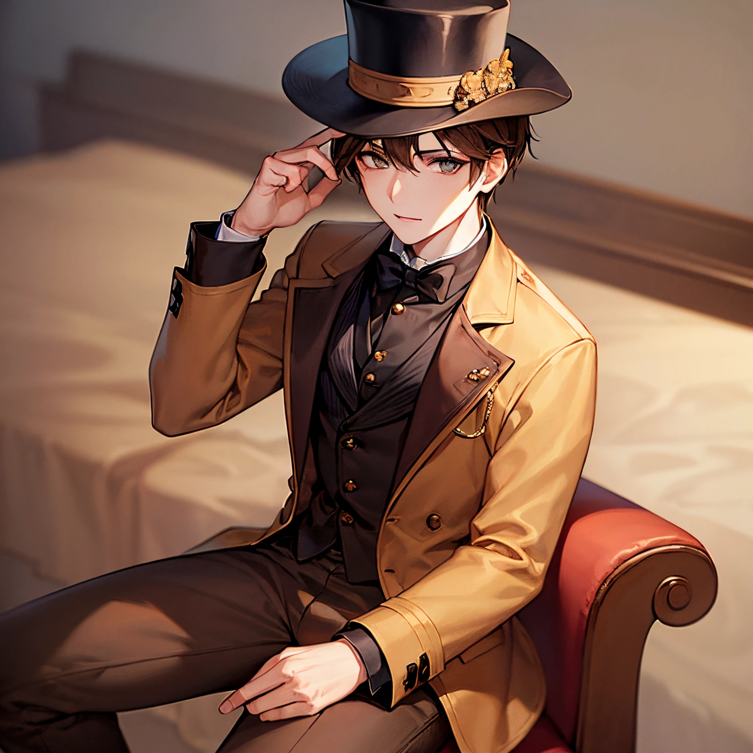 ((Young))((man)), amber eyes, brown hair, brown coat, brown pants, brown top hat, sitting on a chair, looking at the viewer, (((solo))), cowboy shot, masterpiece