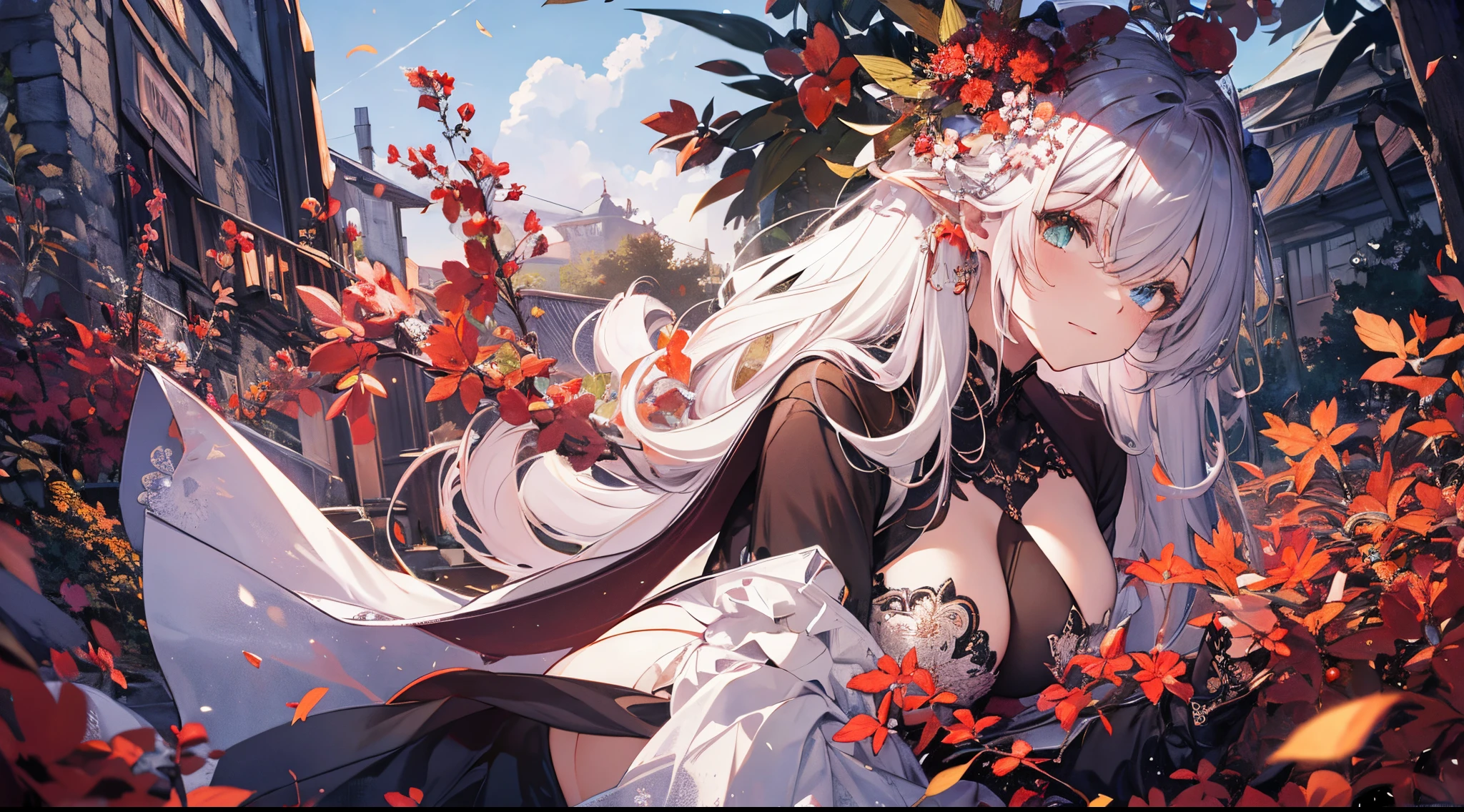 ((tmasterpiece:1.4, Best quality at best))+, (hyper-detailing)+, (Delicate green eyes:1.5)+, (Detailed ears:1.5), (conservative full body gown:1.5), Tight white silk, no headwear, (Black flowers:1.2), pale-skinned, (red cloth:1.5), (Princess dress:1.4), ancient temple in the mountains, censer, The temple was filled with smoke, Big tree in the yard, falling leaf, (Black bandana:1.1), (dawn light:1.2), (A princess:1.5 ), (closeup cleavage:1.1), the only person, Best quality at best, A high resolution, high detal, high high quality, half closed eye, gold eyes, Heterochromia,dark red colored hair, Gradient hair, bluntbangs, expressive hair, Crystal hair, long braid, Angry, ssmile, from below, in a panoramic view, 16k