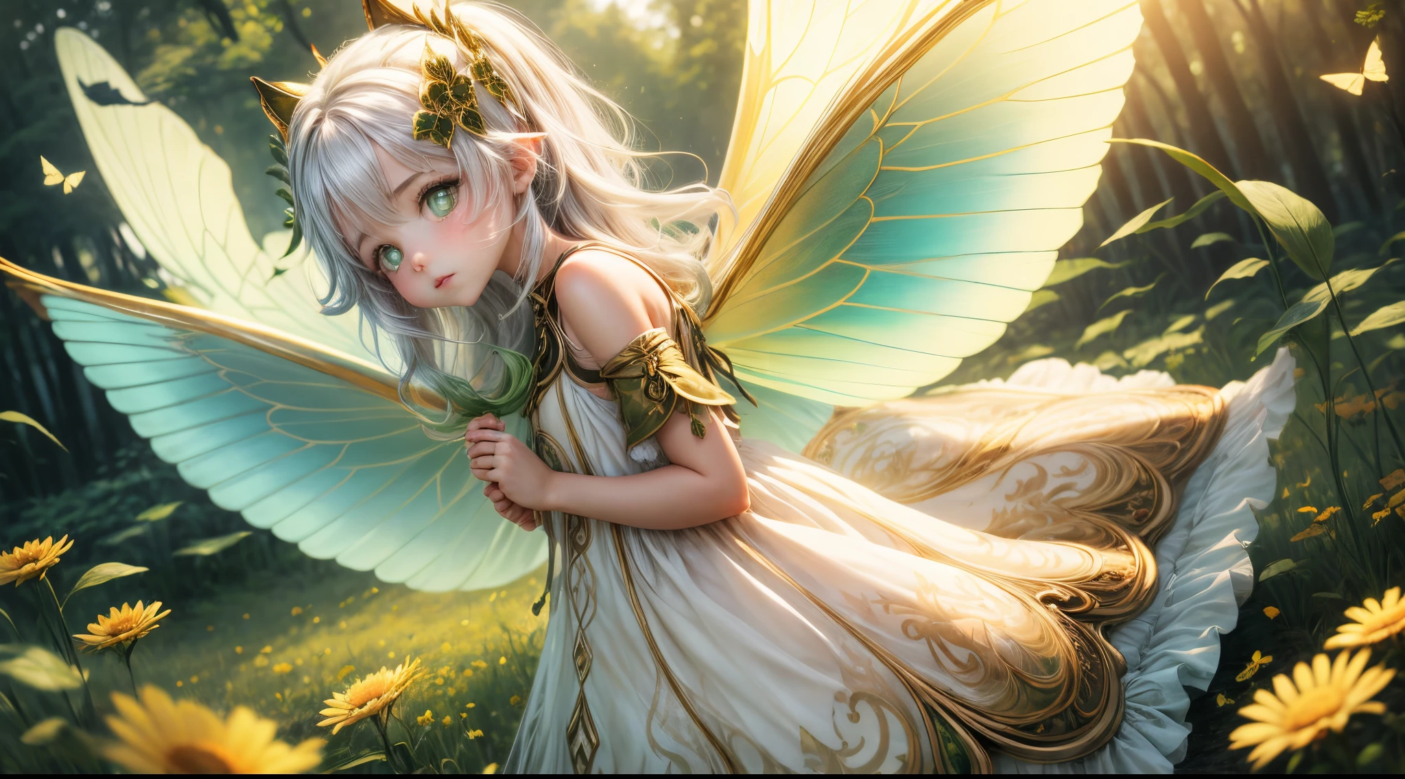 "((Innocent)) girl, golden hour, dreamy meadow, ethereal, whimsical, flowing dress, soft sunlight, enchanting, butterfly wings, (pastel clouds), liquid reflections