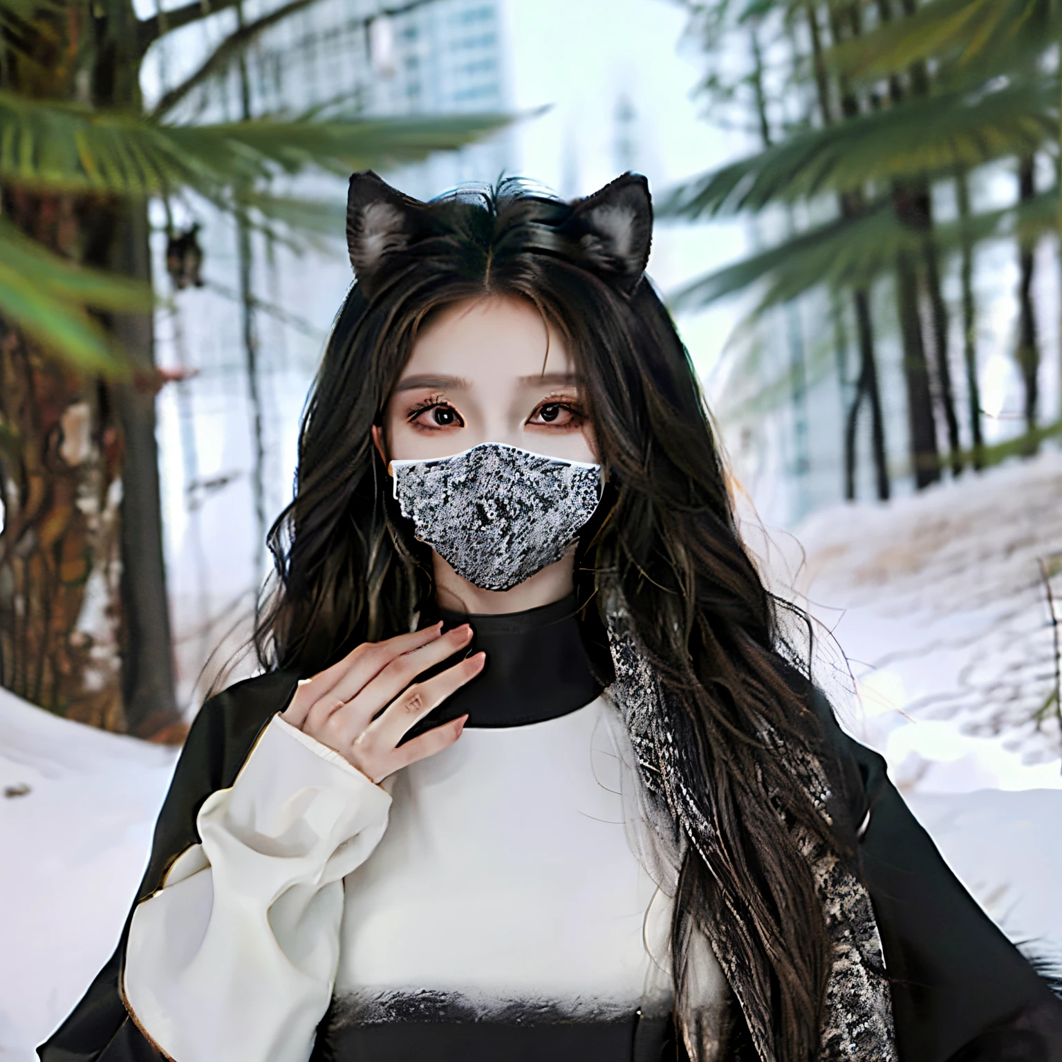 A wolf covered in black in the winter forest，Wearing a white bone texture mask