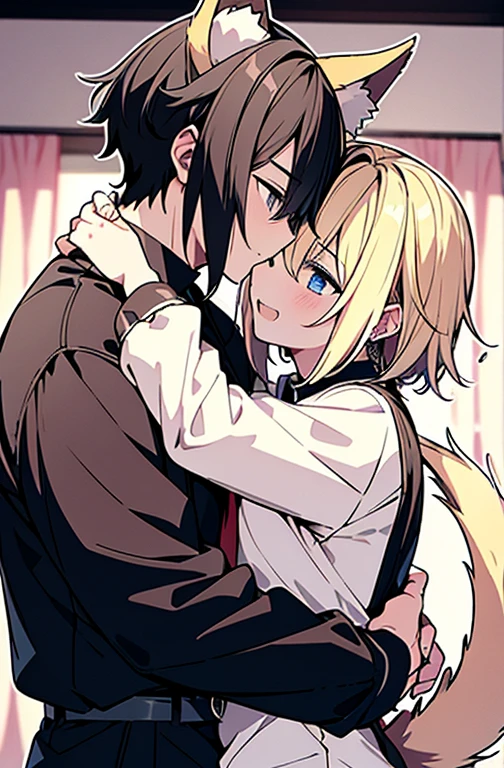 4k、ultra-detailliert、Official art、(((Man to man、Two men、Men with a normal body type、Same age、Good mood、glad、 Male twins、High school students、student clothes、steam、Animal ears、The tail of the beast、muscular guy、perfect eyes)))、geisha、Hands gripping the waist、Trance、??? on、Black-haired and blonde、Two men diametrically opposed、Two people laughing、stare at each other、stroking the head、Hugging the waist、animal ear、Animal tail、、Men with broad shoulders、Tight Fit Undershirt、Hugging the waist、Kissing between men、、red blush、perspiring、、Sleep in bed、