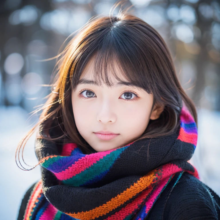 An ultra-high picture quality、Perfect Photo、japanes、japanese beauty girl、 student、((((profile))))、big-eyed、(((closing eye)))、Slender eyes、Colorful winter clothes、Photography Staff、Photography Studio、A dark-haired、Okabo head、Layer Hair、up looking、