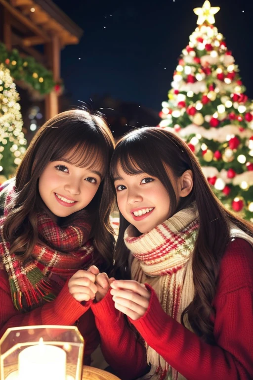 (Best Quality,Photorealistic,hight resolution),2girls,Beautiful detailed eyes,Beautiful detailed lips,Smiling,Laughing,Cute,Christmas Eve,Happy,having fun,Winters,Joyful,excited,Twinkling lights,Decorated Christmas Tree,clew,cosy atmosphere,Warm fireplace,magical moments,sparkling stars,Glowing candles,snowflakes falling,ground covered with soft snow,colorful holiday decorations,red and green colors,Elegant dresses,Fluffy scarves,Happy memories,cherish sisterhood,love and laughter、12-year-old sisters、a baby face、childish、Looking at the camera、Present Box、