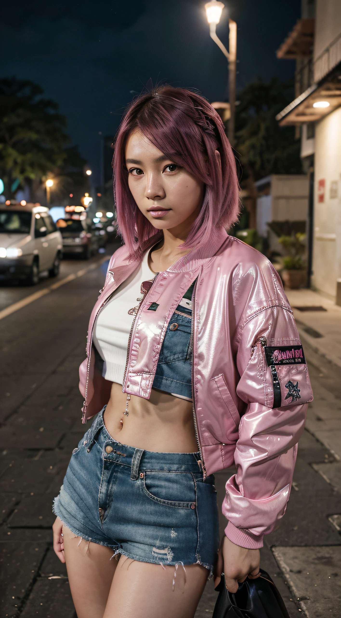 plano detalle, 20-year-old, Asian girl, asian factions, French Bob Style Hair, dyed pink hair, pink hair, ojos verdes, Looking at the camera, Retrato fotorrealista, enorme detalle, piel texturizada, piel detallada, chaqueta bomber, shorts tejanos, estilo kpop, cara ultradetallada, en la calle, de noche, street lighting, neon city, fondo detallado, detalle en toda la imagen, estilo de imagen hiperrealista, posando, profesional photography, tomada con Canon EOS 5D,