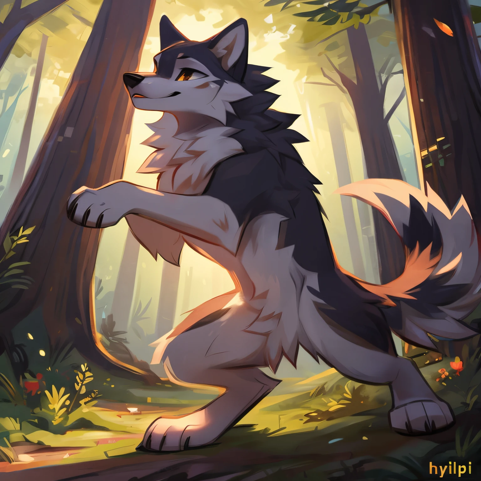 furry art, minecraft, wolf art, white body, face grey marking, art by hyilpi, illustration, vibrant colored fur, detailed fur texture, realistic eyes, playful expression, dynamic pose, forest background, sunlit atmosphere, high quality, 4k resolution, vivid colors, fine details, stylized lighting, digital painting