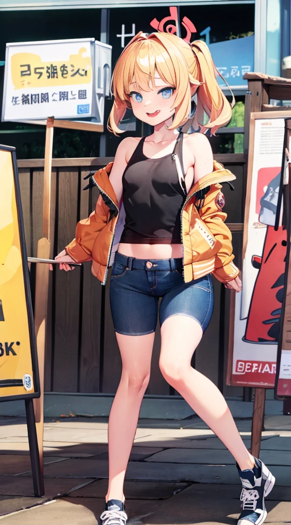 8K,Ultra Detail,ultra-quality,super precision,The ultimate masterpiece,No extra arms、No extra legs No extra fingers、Little girl,stick out your tongue and tease,Colossal tits,bomber jacket、Tank Tops,Hot pants from jeans fabric,