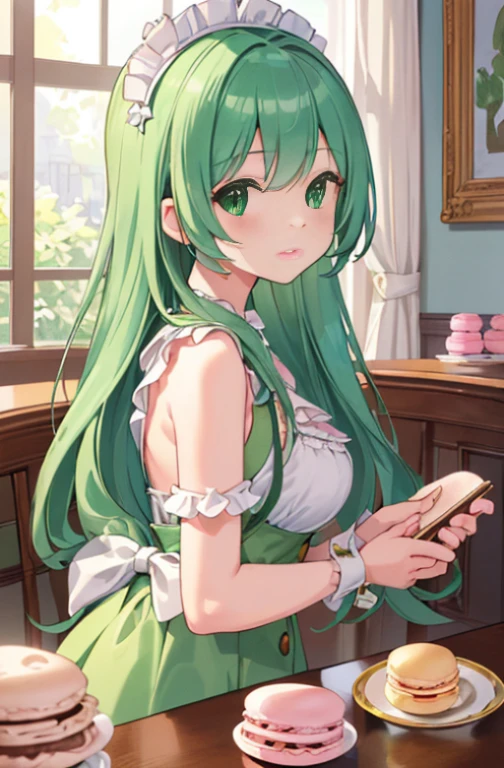 ultra-detailed, (Precise and unmatched illustrations:1.1), high-resolution,(incredibly absurdness) , (masterpiece:1.2), (top-quality:1.2), (beautiful illustration), (an extremely delicate and beautiful:1.2), CG unity 16k wallpaper,
1 cute girl , (holding big Macaron:1.1), lots of Macarons, sitting, in coffee shop, upper body ,laugh, pale green hair, (from side:1.1) ,close to viewer