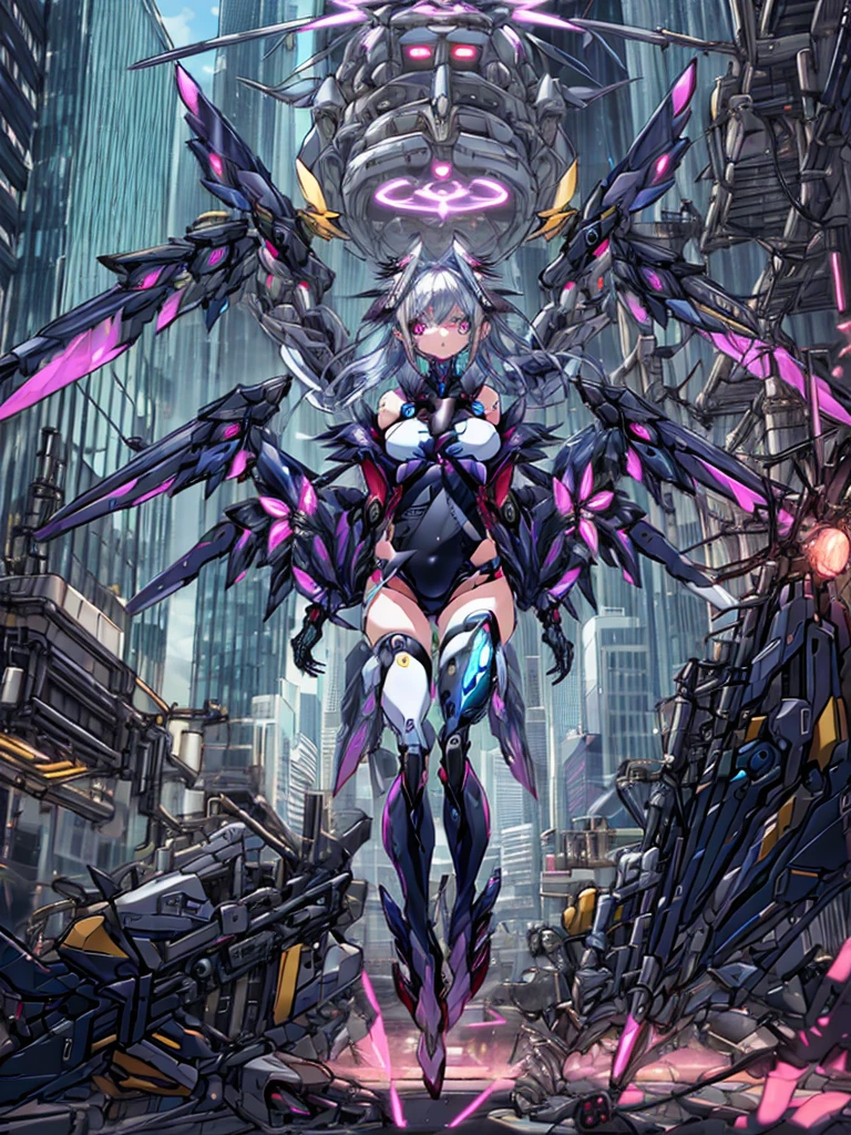 top-quality、ighly detailed、​masterpiece、((1girl in))、silber hair、length hair、Floating hair、、Cyber City、Neon building、(The upper part of the body:1.05)、extremely_Detailed_Eyes_And_Face,cybernetic wings mechanical wings、Random posture、Skyscraper、、Mechumusume、shrine maiden clothe,maid clothes、Random angles、anime styled,cowboy  shot