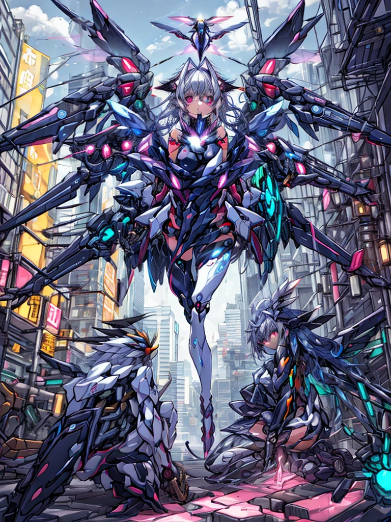 top-quality、ighly detailed、​masterpiece、((1girl in))、silber hair、length hair、Floating hair、、Cyber City、Neon building、(The upper part of the body:1.05)、extremely_Detailed_Eyes_And_Face,cybernetic wings mechanical wings、Random posture、Skyscraper、、Mechumusume、shrine maiden clothe,maid clothes、Random angles、anime styled,cowboy  shot