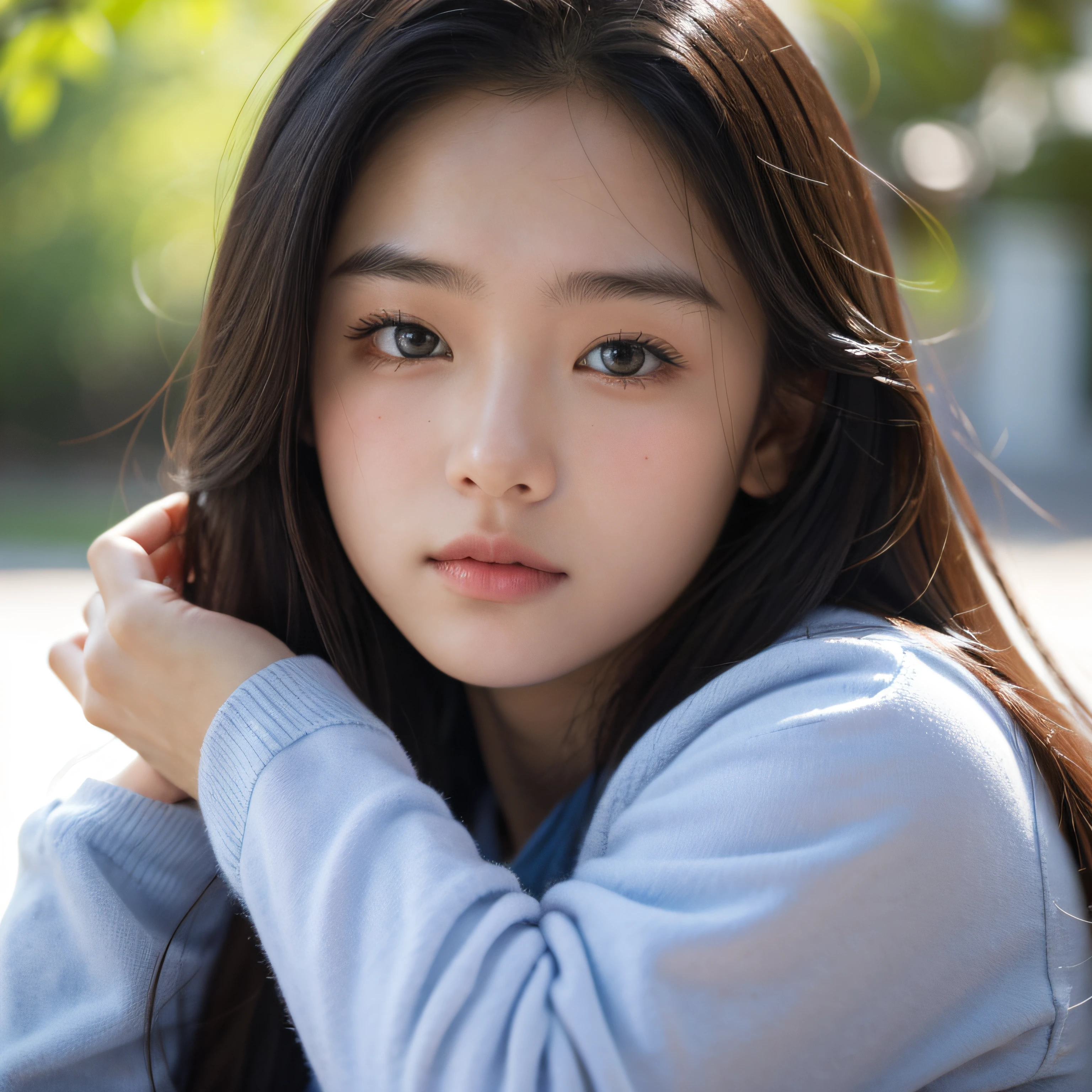 a beautiful 18 year old girl, portrait, bright light, facing camera, blank expression, asian american