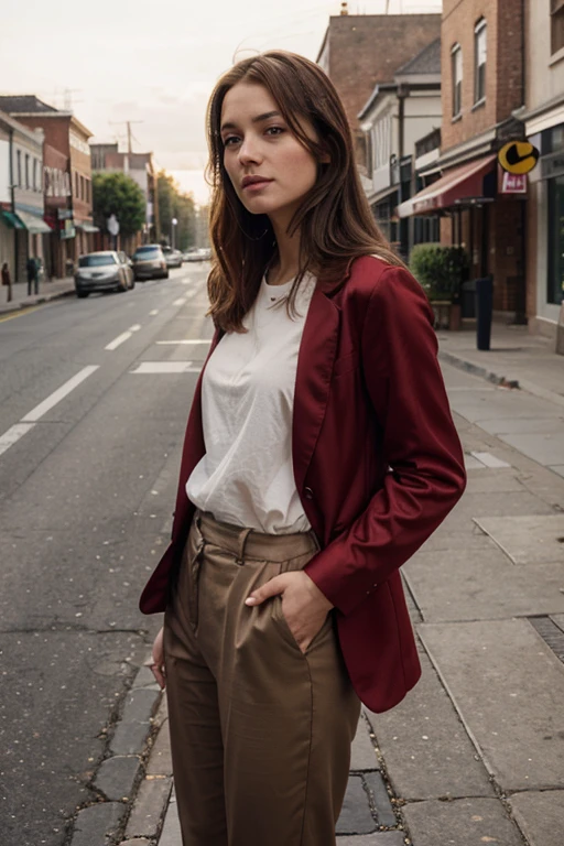 Scene Animation Pixar, the woman, 30 years old, wearing casual slacks, a red silk blouse, and a casual blazer, on a street in a small town, posing for a photograph, her straight brown hair, shining beautifully in the sunlight, the freshness of your youthfulness represented in a perfect image, with perfect fine lines of body and facial features, perfect realism with high definition and high notable details,