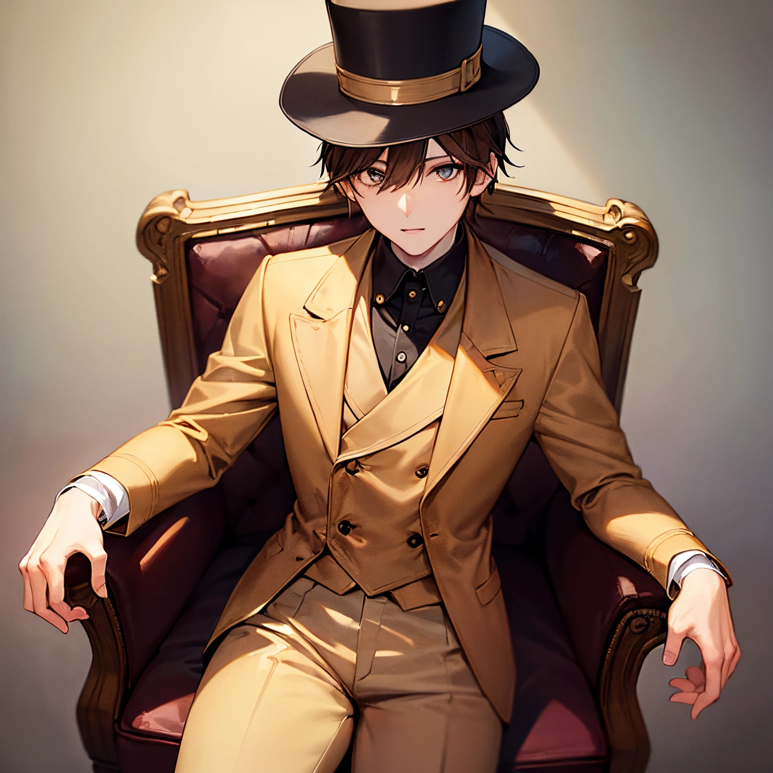 ((Young))((man)), amber eyes, brown hair, brown coat, brown pants, brown top hat, sitting on a chair, looking at the viewer, (((solo))), cowboy shot, masterpiece