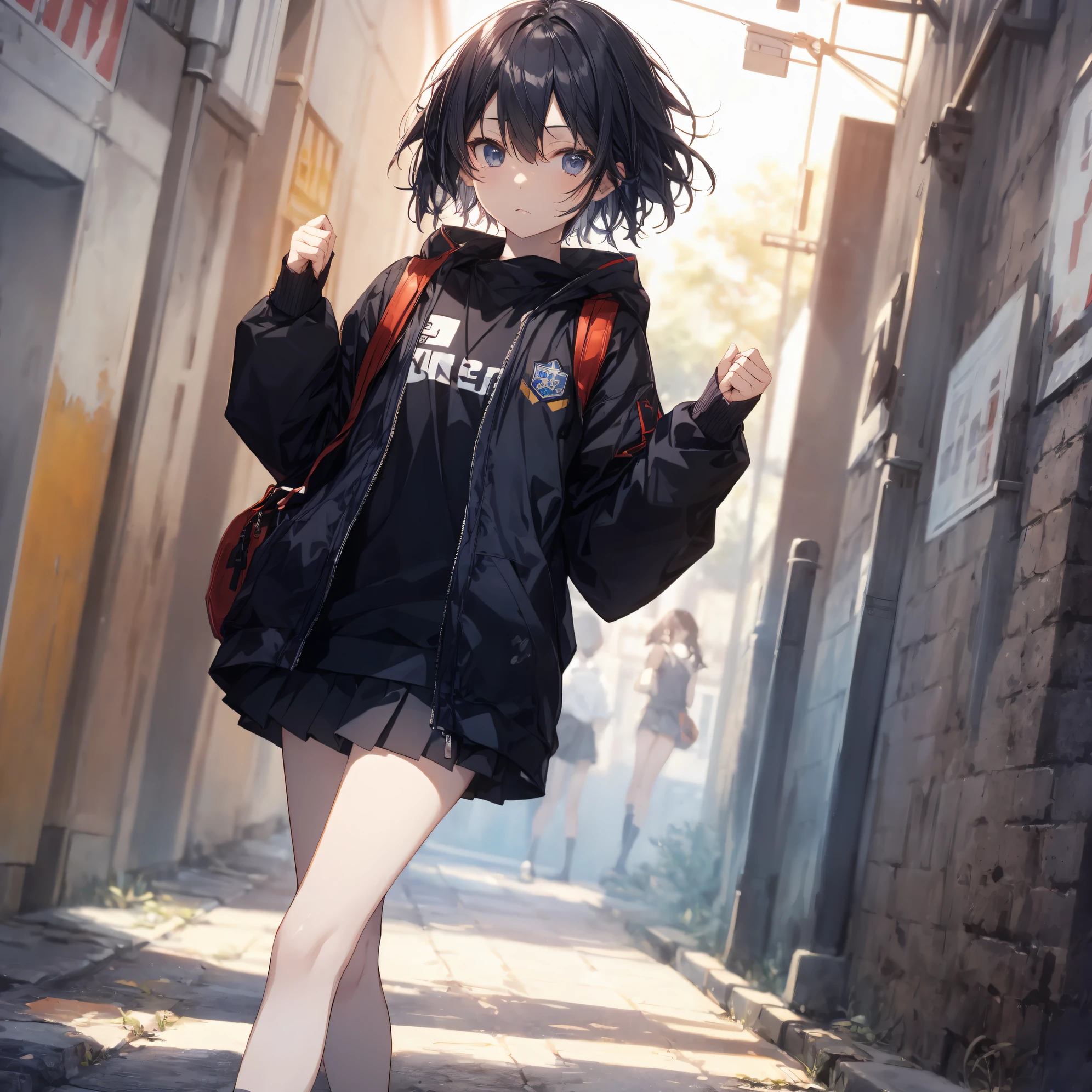 Top quality by creator God, Ultra-detailed, anime moe art style,Best Anime 8K Konachan Wallpapers,Pixiv Contest Winner,Perfect Anatomy, BREAK,(Draw a girl sleepily walking to school. ),BREAK, 1girl is a cool beautiful girl, (Solo,Lori,child,13years:1.3),a junior high school student, Androgynous attraction, (Center part very short hair), hair messy,Forehead, Full limbs, complete fingers,flat chest, Small butt, groin, Small eyes,Beautiful detailed black eyes,Well-proportioned iris and pupils,disgusted eye, School uniform, Skirt,On the way to school. BREAK,High resolution,super detailed skin, Best lighting by professional AI, 8K, Illustration,
