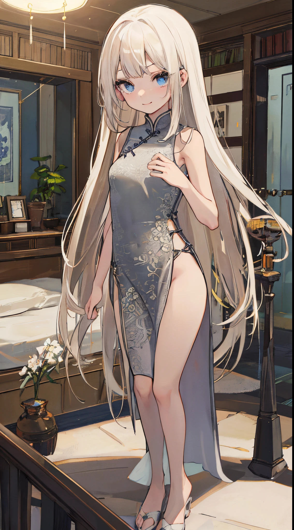 top-quality、realistic touch,high-detail、photoRealstic、long body、thin-waist、captive beauty、big eye、Strong platinum blonde eyelashes、platinum-blond、full body Esbian、Sparkling eyes、Submissive smile、Flushed cheeks、Kamimei、thin-waist、Voluptuous thighs、Enraptured look、Raked bangs、The forehead is protruding、Tight chinese dress、sleeveless、Inside a room、She isn't not wearing panties、wide slit in clothing、14 years old girl、seduce me with a sexy pose