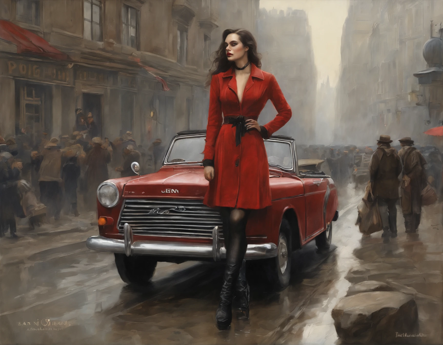 真实感, dark fantasy style, John Tolkien style, Small painting by Jean-Baptiste Monge, portraite of a, looks from the front, Soft facial features, Green-eyed rocker in a tight short red dress, in a leather jacket, in the body, I'I'm standing next to the jeep, Human Hand, Very clear, Without flaws, five fingers, Bright make-up, Average height, dark pink lips, thin lip shape"Bow" ,"Cool eyebrows in the shape of Angryburts, light gray eyes, drooping eye shape, almond-shaped eyes, looking at away, black long wavy hair, large strands of hair fluttering in the wind , pug nose, Human Hand, Very clear without flaws with five fingers ,in a short tight red dress with a cutout stands on heels near a black jeep, rain dripping in the foreground, The sky, rainbow, megalopolis, city trail, glass high rise building, Jean-Baptiste Monge, anthropomorphic --ar 2:3 --testp -optimistic;