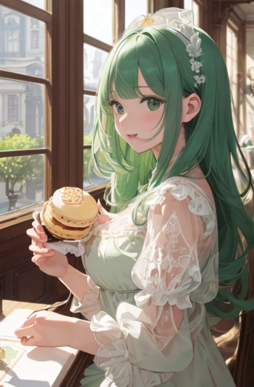 ultra-detailed, (Precise and unmatched illustrations:1.1), high-resolution,(incredibly absurdness) , (masterpiece:1.2), (top-quality:1.2), (beautiful illustration), (an extremely delicate and beautiful:1.2), CG unity 16k wallpaper,
1 cute girl , (holding big Macaron:1.1), lots of Macarons, sitting, in coffee shop, upper body ,laugh, pale green hair, (from side:1.1) ,close to viewer