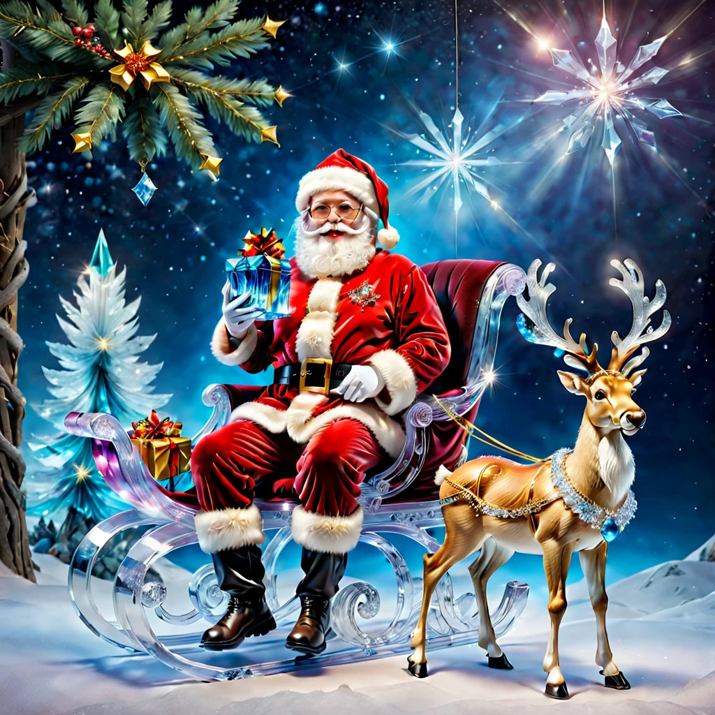 Fantasy Christmas Eve,1 crystal santa,Carrying a bag of gifts,Christmas costume and hat wearing crystal glasses,Sitting on a crystal sleigh,An extremely beautiful crystal reindeer, crystalz