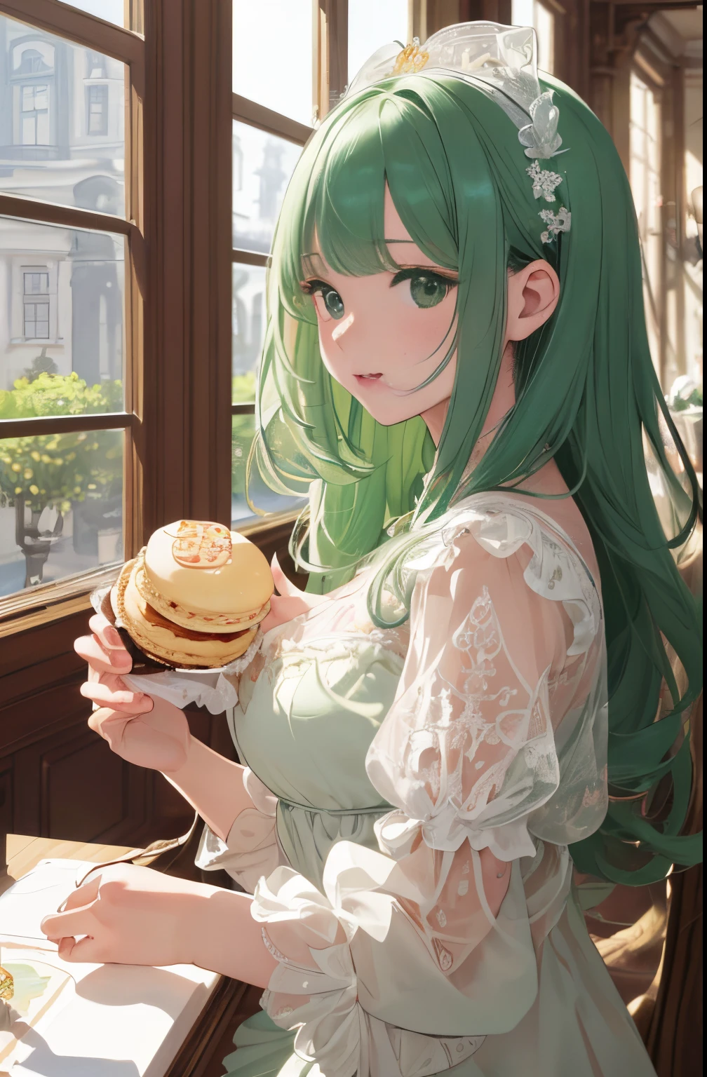 ultra-detailed, (Precise and unmatched illustrations:1.1), high-resolution,(incredibly absurdness) , (masterpiece:1.2), (top-quality:1.2), (beautiful illustration), (an extremely delicate and beautiful:1.2), CG unity 16k wallpaper,
1 cute girl , (holding big Macaron:1.1), lots of Macarons, sitting, in coffee shop, upper body ,laugh, pale green hair, (from side:1.1) ,close to viewer