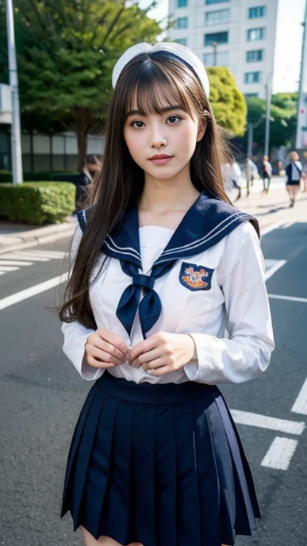 (Best Quality, 8K, 32K, masutepiece, nffsw:1.2), (Raw photo), (Realistic), (Photorealistic:1.2), (High resolution), Ultra-detailed, Extremely beautiful face & Eyes, 1girl in, (Lori, 14 years old:1.2), Young Woman, round small face, thin waist, huge-breasted, slim proportions, (Japan sailor suit, sailor fuku, serafuku, Japanese school sailor uniform, darkblue pleated skirt:1.27), (From below, White thong, Crotch:1.24), Rooftop of the city of dawn,