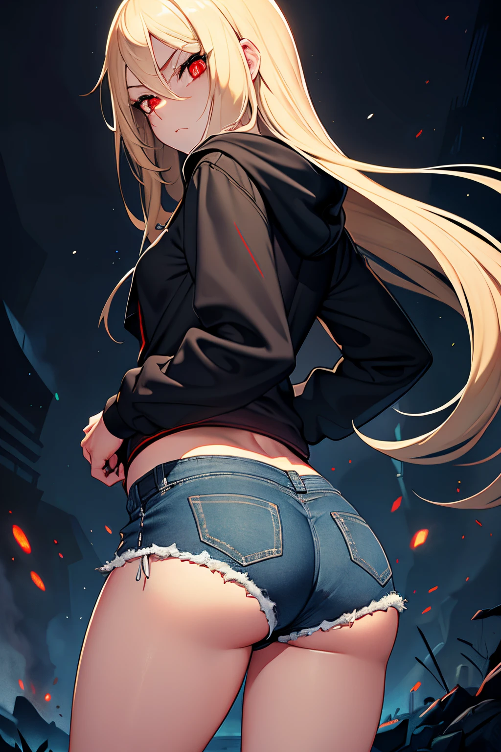 best quality, expressive eyes, perfect face, small shorts, sleek legs, black hoodie, hood over head, hood raised, long blonde hair, glowing eyes, red eyes, side glance, hands in pockets, butt view, rear focus, accidental exposure, booty shorts, tight jean shorts, ripped booty shorts