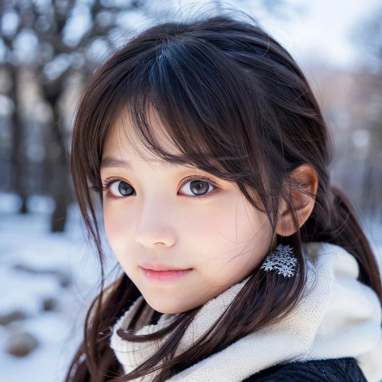 An ultra-high picture quality、Perfect Photo、japanes、japanese beauty girl、ars、((((profile))))、big-eyed、(((closing eye)))、Slender eyes、Winter clothes、Photography Staff、Photography Studio、A dark-haired、Layer Hair、up looking、