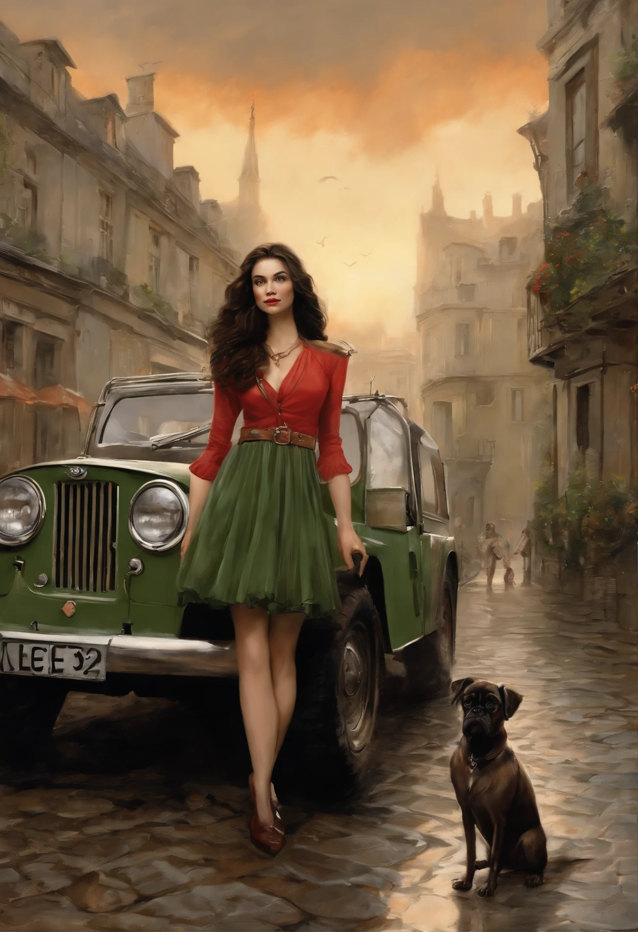 真实感, dark fantasy style, John Tolkien style, Small painting by Jean-Baptiste Monge, portraite of a, looks from the front, Soft facial features,  Green-eyed rocker girl in a tight red dress, standing next to the jeep, Human Hand, Very clear, Without flaws,  five fingers,  Bright make-up,  Average height, dark pink lips, thin lip shape"paris" ,"Cool eyebrows in the shape of Angryburts, light gray eyes,  drooping eye shape, almond eye shape, looking at away,  black long wavy hair, large locks of hair fluttering in the wind , pug nose,   in the hands of the sword of the heavenly warrior,   Human Hand, Very clear without flaws with five fingers ,in a short tight red dress with a neckline stands on heels near a black jeep, rain dripping in the foreground, The sky, rainbow, megalopolis, city trail, glass train, Jean-Baptiste Monge, anthropomorphic --ar 2:3 --testp -optimistic;