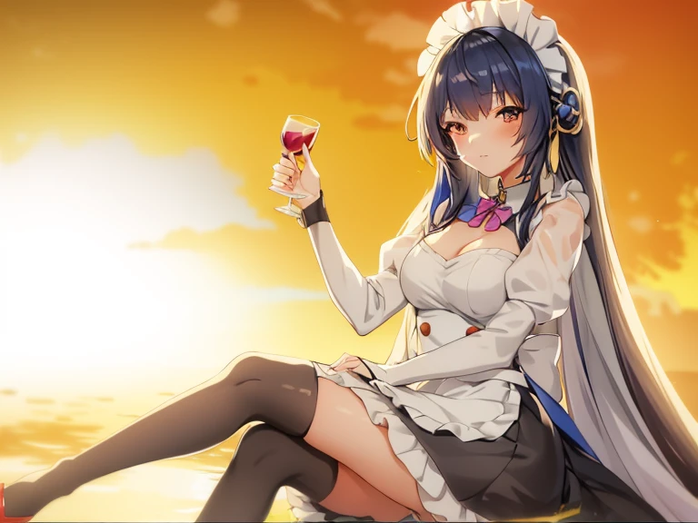 Anime girl sitting on a rock holding a glass of wine, fleet style, anime girl in a maid costume, azur lane style, Cute anime waifu wearing nice clothes, Anime girls, Anime cute art style, Translucent fluid flowing from the《Azure route》videogame, cancolle, Lolish, Pixiv has the highest rating, Anime style 4k, Pixiv style