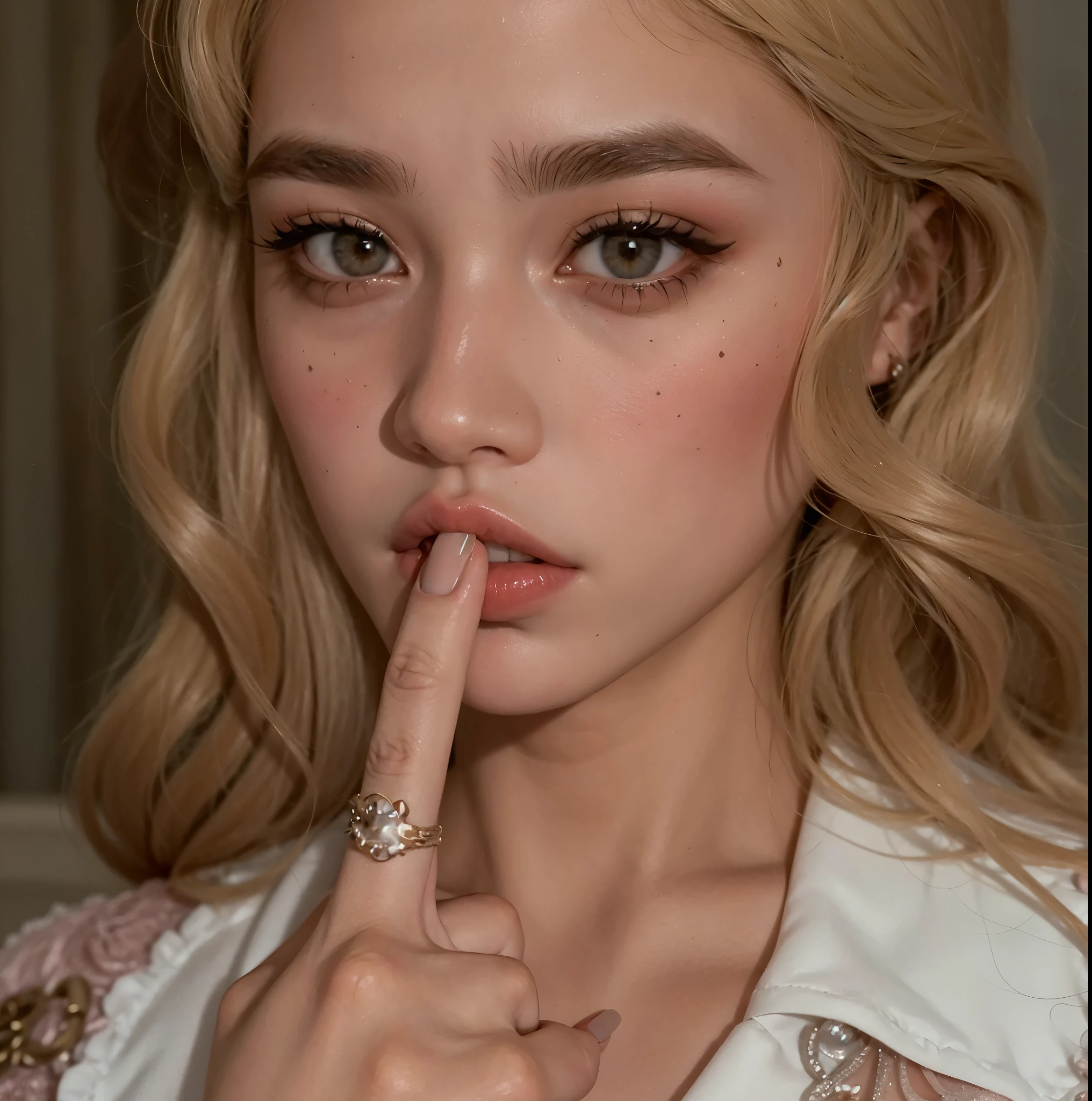 mujer rubia con el dedo en los labios y el anillo en el dedo, Cara como Ester Exposito, Al estilo de Petra Collins, Parece una mezcla de Grimes, mano en la barbilla, cara muy bonita, Mano en la mejilla, Parece una mezcla de mugres, Parece una mezcla de Grimes, dedo medio, Grimes, cara bonita!!, large cheekbones, labios carnosos