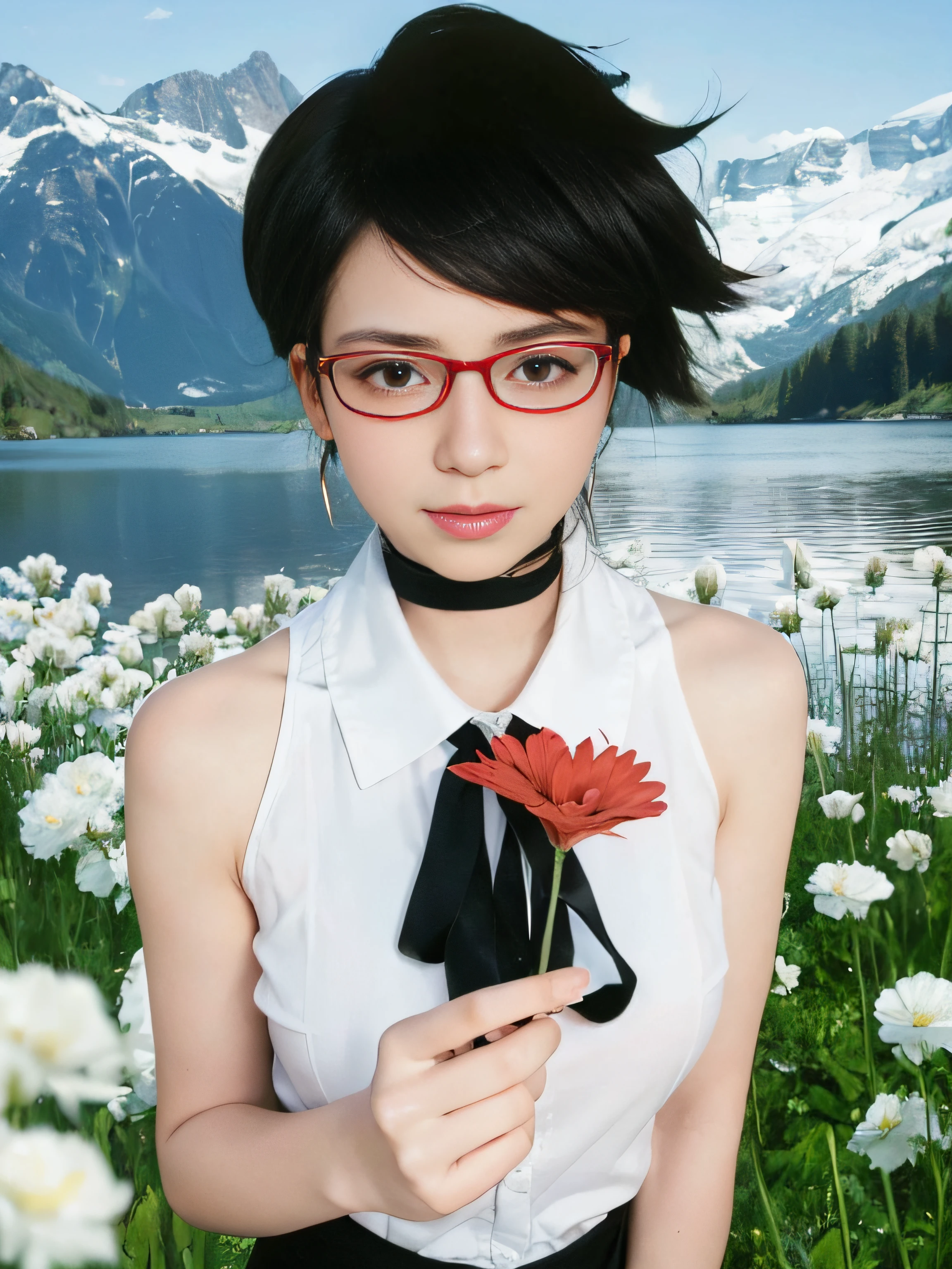 masterpiece, best quality, (realistic,photo-realistic:1.4), (RAW photo:1.2), extremely detailed CG unity 8k wallpaper, delicate and beautiful, amazing,finely detail, official art, absurdres, incredibly absurdres, huge filesize, ultra-detailed,extremely detailed eyes and face,light on face,sarada,(little smile:1.2),(black hair:1.4),(wearing twhite dress:1.5),(very short hair:1.4),nature,sarada uchiha ,(wearing black framed glasses:1.5),(lake background:1.4),(black ribbon:1.4)