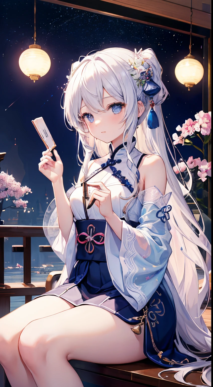 A girl sit in a Chinese room looking out a sky with many beautiful star. A cat sit next to her. Chest shootincu),in the style of rococo pastel hues,light white and light red,Incredibly beautiful,SakuraNS,sparkling water reflections,combine,Flowing,hyper realisitc,painting of a,aethereal,Elsa Burda,stockphoto,Elements of mixed reality and fantasy,Ray traching,Intricate patterns,delicate linework,Pressed crystalquisite hands