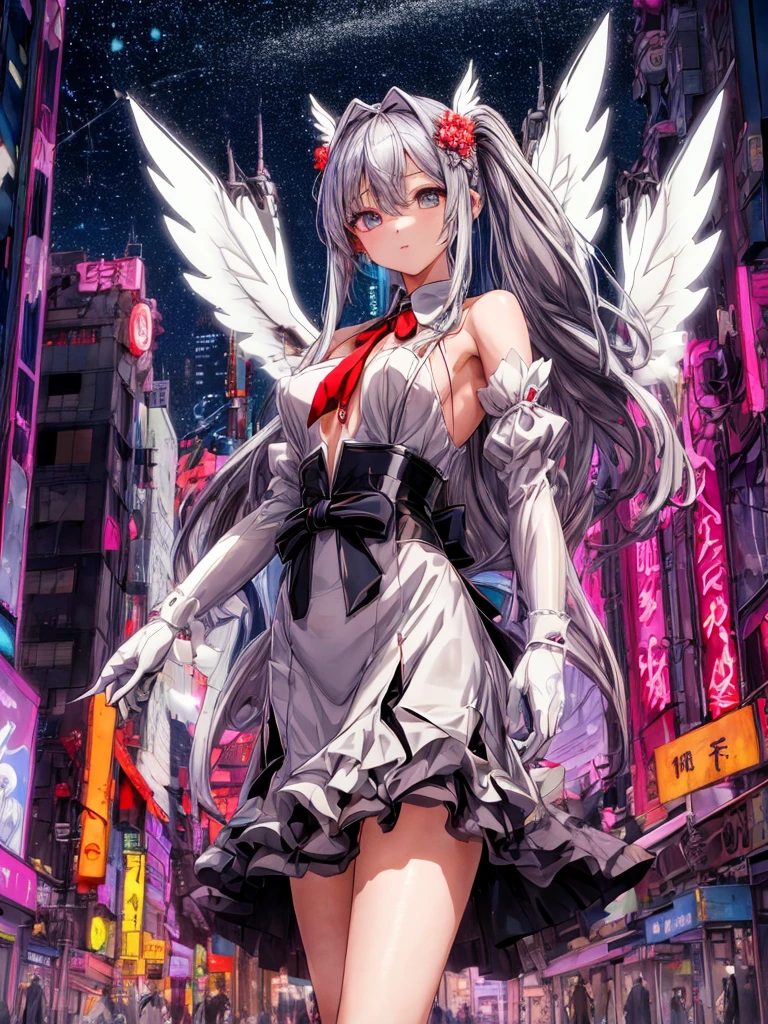 top-quality、ighly detailed、​masterpiece、((1girl in))、silber hair、length hair、Floating hair、、Cyber City、Neon building、(The upper part of the body:1.05)、extremely_Detailed_Eyes_And_Face,cybernetic wings mechanical wings、Random posture、Skyscraper、、Mechumusume、shrine maiden clothe,maid clothes、Random angles、anime styled,cowboy  shot