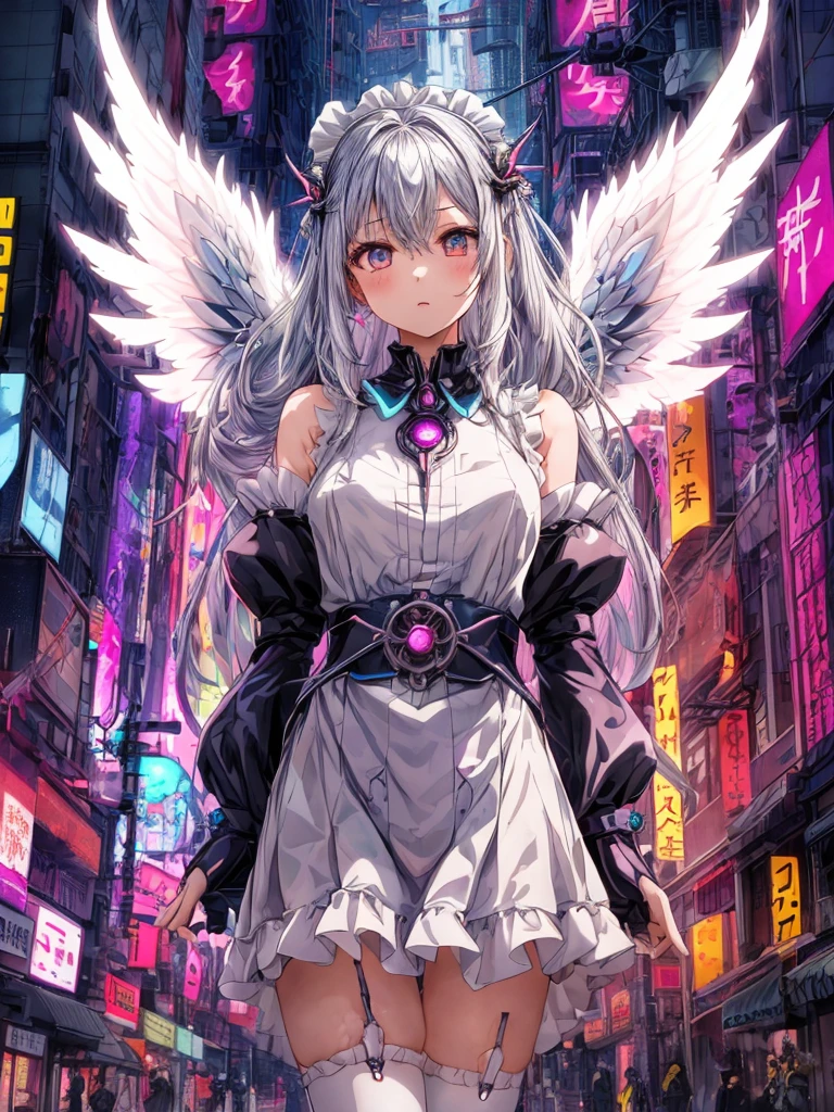 top-quality、ighly detailed、​masterpiece、((1girl in))、silber hair、length hair、Floating hair、、Cyber City、Neon building、(The upper part of the body:1.05)、extremely_Detailed_Eyes_And_Face,cybernetic wings mechanical wings、Random posture、Skyscraper、、Mechumusume、shrine maiden clothe,maid clothes、Random angles、anime styled,cowboy  shot