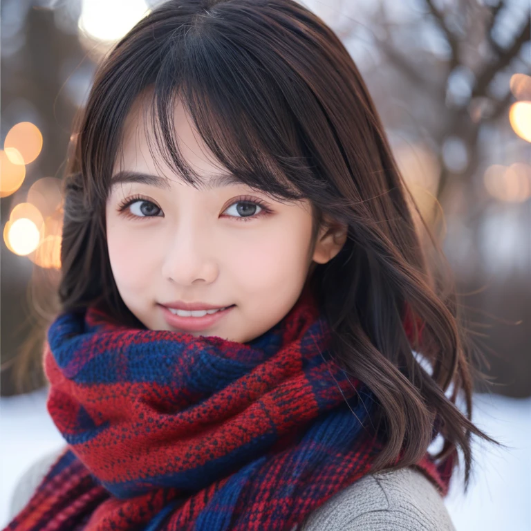 An ultra-high picture quality、Perfect Photo、japanes、japanese beauty girl、14years、((((profile))))、(((closing eye)))、Slender eyes、Winter clothes、Christmas Lights、A dark-haired、Layer Hair、up looking、