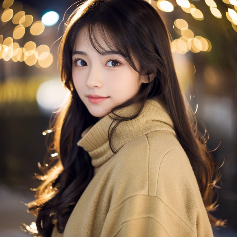 An ultra-high picture quality、Perfect Photo、japanes、japanese beauty girl、14years、((((profile))))、(((closing eye)))、Slender eyes、Winter clothes、Christmas Lights、A dark-haired、Layer Hair、up looking、