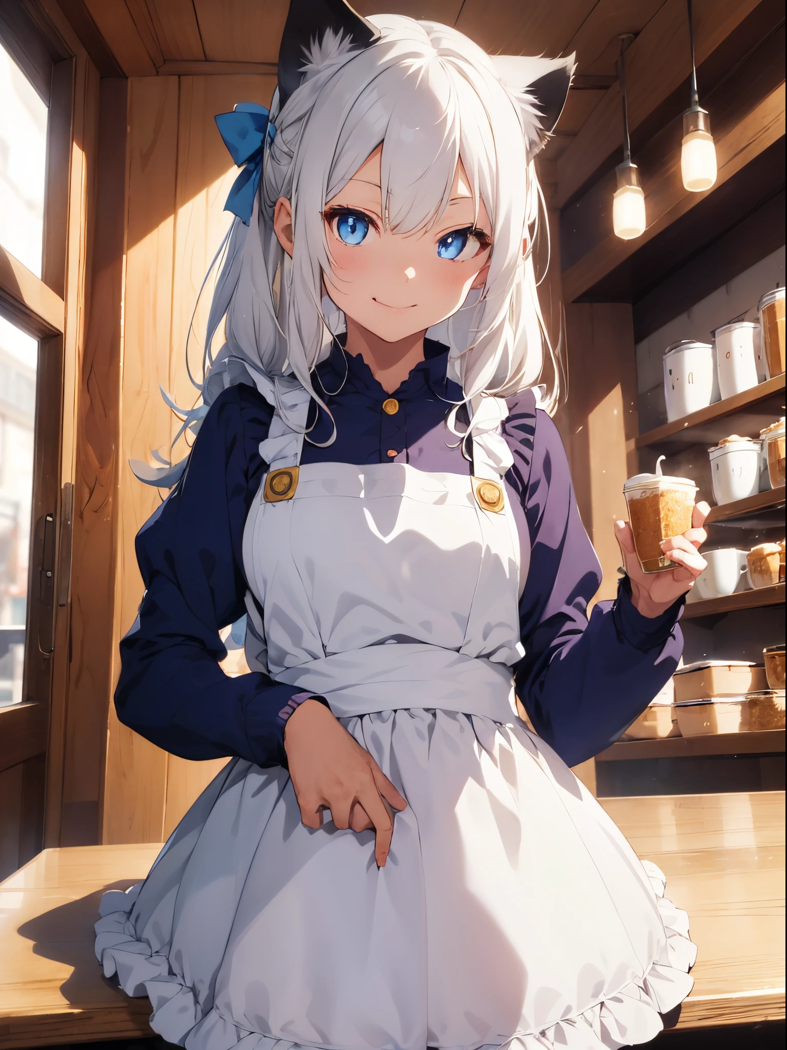 Best Quality, (masutepiece:1.2), Detailed,
1girl in, Solo, Closed mouth, lightsmile, Cat ears,
White hair, Blue eyes, Slit pupils, Very long hair, Twin-tailed, Hair Bow,
Blue Dress, Long sleeves, juliet sleeves,Waist apron,
Standing, Looking at the viewer,
Indoors, cafes