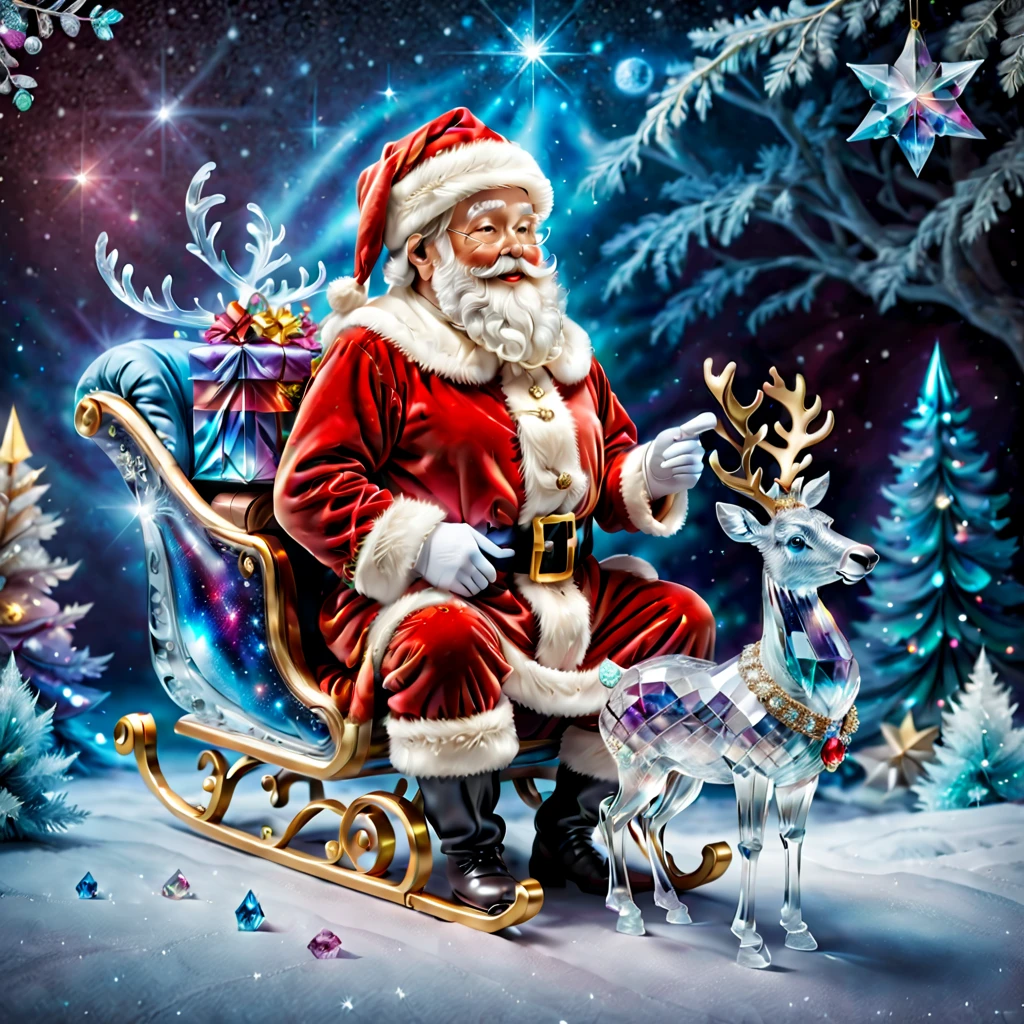 (Long shot: 1.3), dreamy Christmas night, a crystal Santa Claus, carrying a bag of gifts, wearing a crystal glass Christmas costume and hat, sitting on a crystal sleigh, with an extremely beautiful crystal reindeer