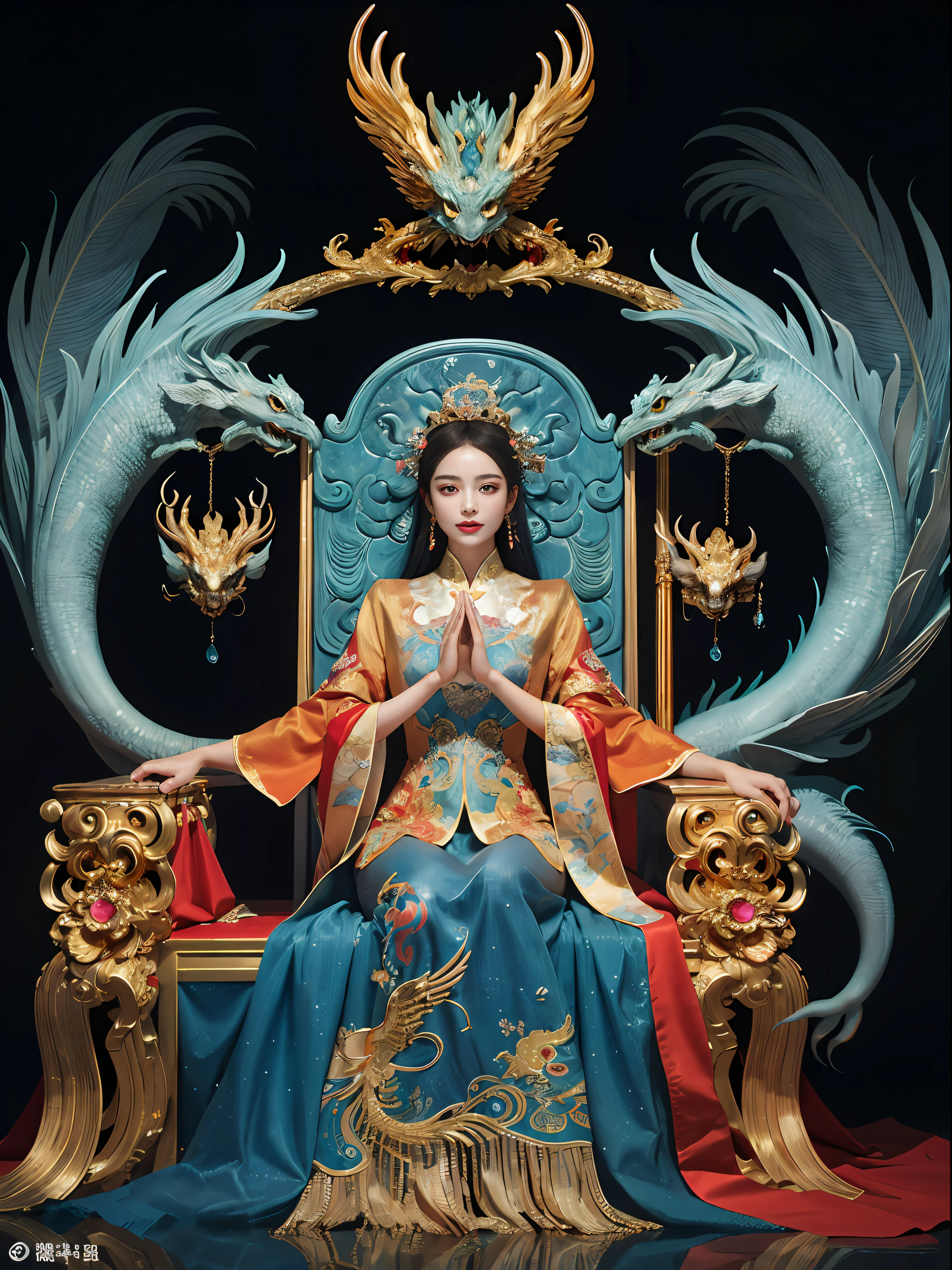 A Chinese girl sitting on a throne, a throne encrusted with precious stones, surrounded by Chinese phoenix beasts, gold and ruby color, unique monster illustration, Dau al set, high resolution, a painting, dense composition, playful repetition, precious stones, crystals, gold, detailed paintings, unique monster illustrations, super fine details, realistic, super high resolution, complex, super detail, (skin dents), cute, feminine, detailed body, (Detailed face: 1.1), (contoured iris), (watercolor lenses), (perfect eyes), 4k, gorgeous, (masterpiece: 1.2), (best quality: 1.2), gorgeous long dress, dynamic pose, rich colors, film light and shadow,red and golden clothes