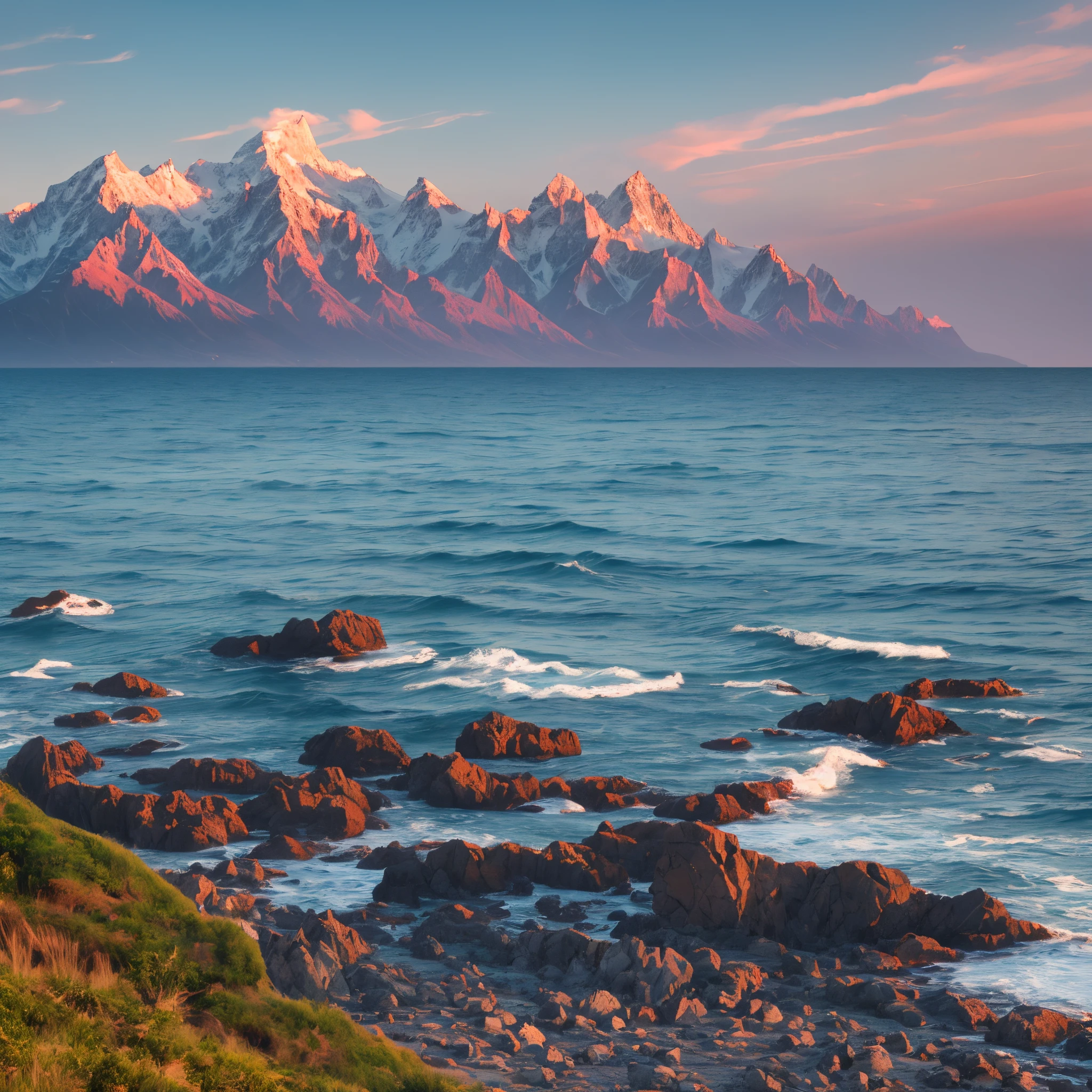 Image of a tranquil coastline with mountain views. Clear sunny day with blue sky without clouds. The sea, smoothly washing the shore, as well as waves, whispering their stories. High Mountains, Their peaks, touching clear skies. Convey the beauty of nature's harmony through studio photography. Canon 5D for creating RAW images with VR support and ProPhoto RGB resolution. Global brightness with ray tracing, similar to Aivazovsky's style. The camera to take the image must be a Sony Alpha ILCE-7M4. --auto --s2