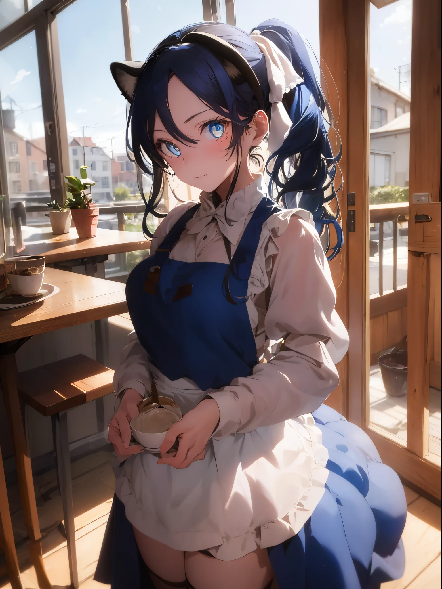 Best Quality, (masutepiece:1.2), Detailed,
1girl in, Solo, Closed mouth, lightsmile, Cat ears,
White hair, Blue eyes, Slit pupils, Very long hair, Twin-tailed, Hair Bow,
Blue Dress, Long sleeves, juliet sleeves,Waist apron,
Standing, Looking at the viewer,
Indoors, cafes